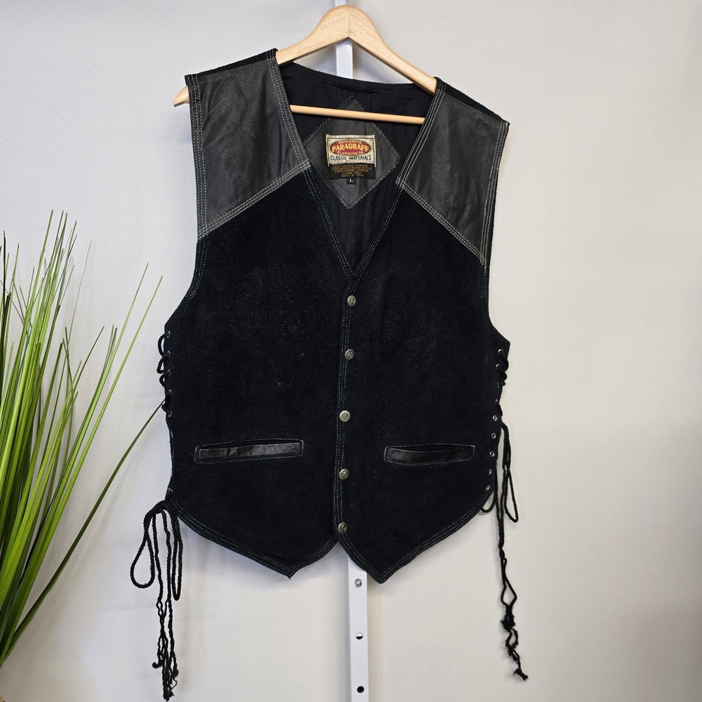 Paragraff‎ Mens Vintage Black Suede Leather Biker Vest Lace Up Sides Large